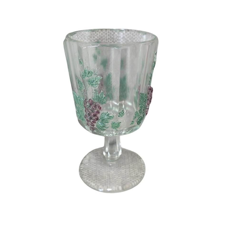 Vintage Clear Glass Wine Goblet Raised Purple Grapes‎ Green Leaves Stemware